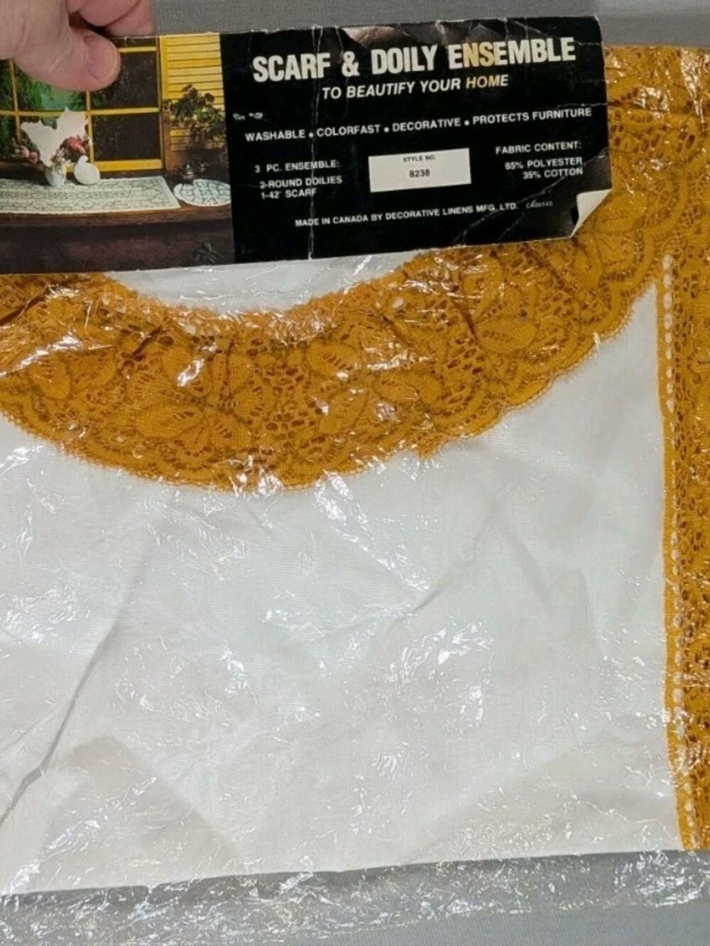 Vintage Scarf And Doily Set New In Package Mustard And White